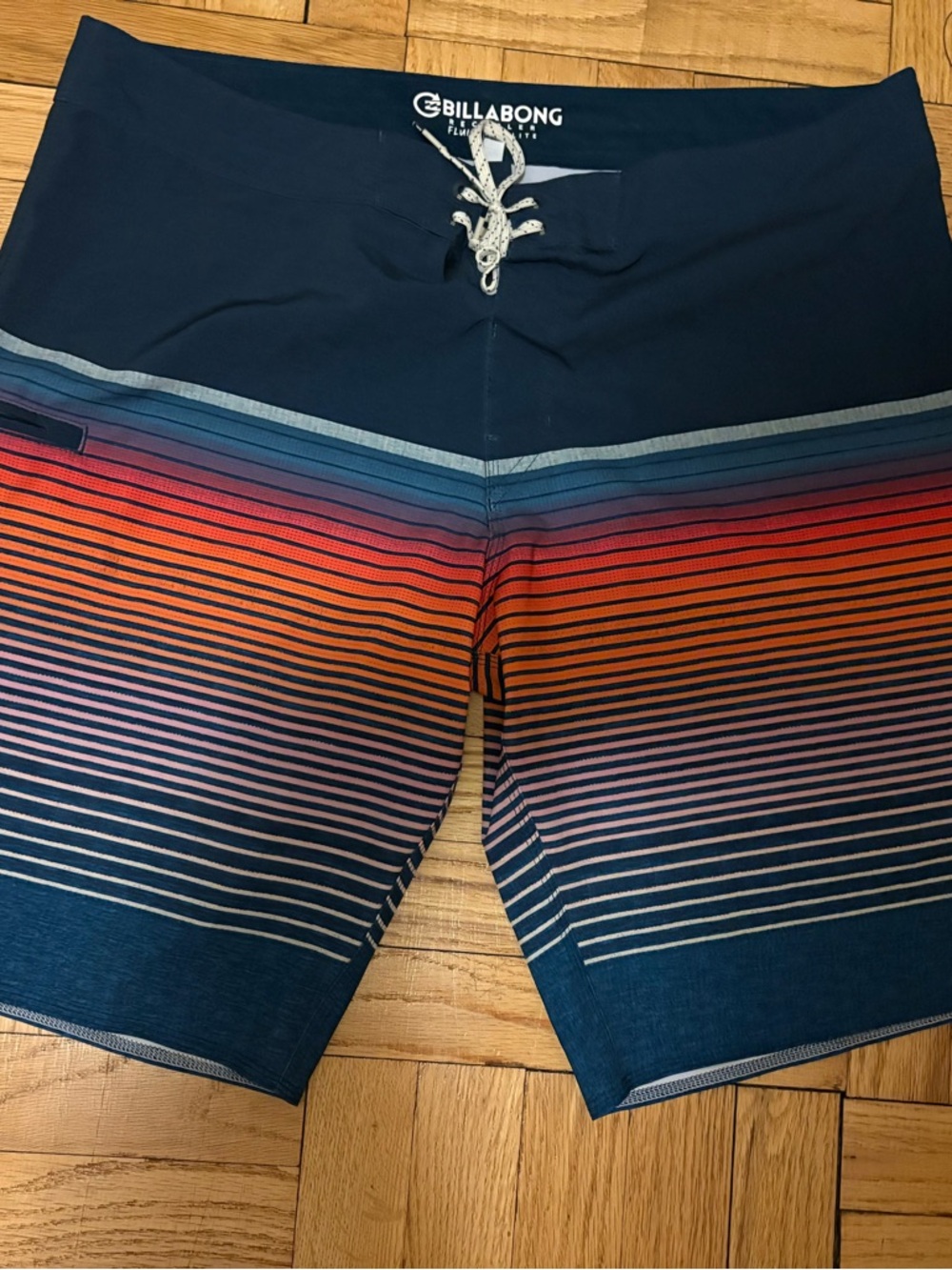 Billabong Men’s Navy Boardshorts with Orange & Pink Sunset Stripes